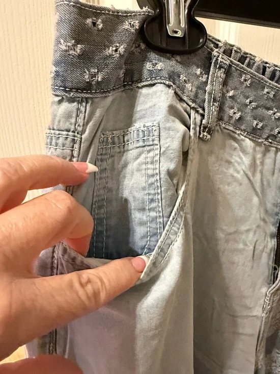 POL Patchwork Flare Boho Pants in Light Blue and Cream - Picture 6 of 10